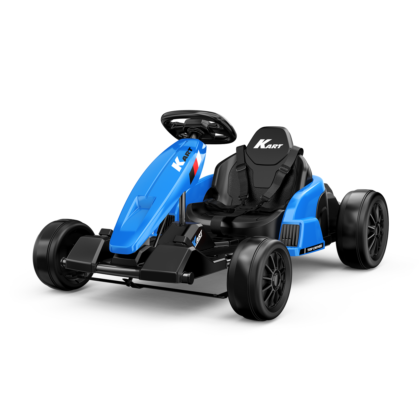 Blue electric drift go-kart for kids with bucket seat and seat belt on a white background.