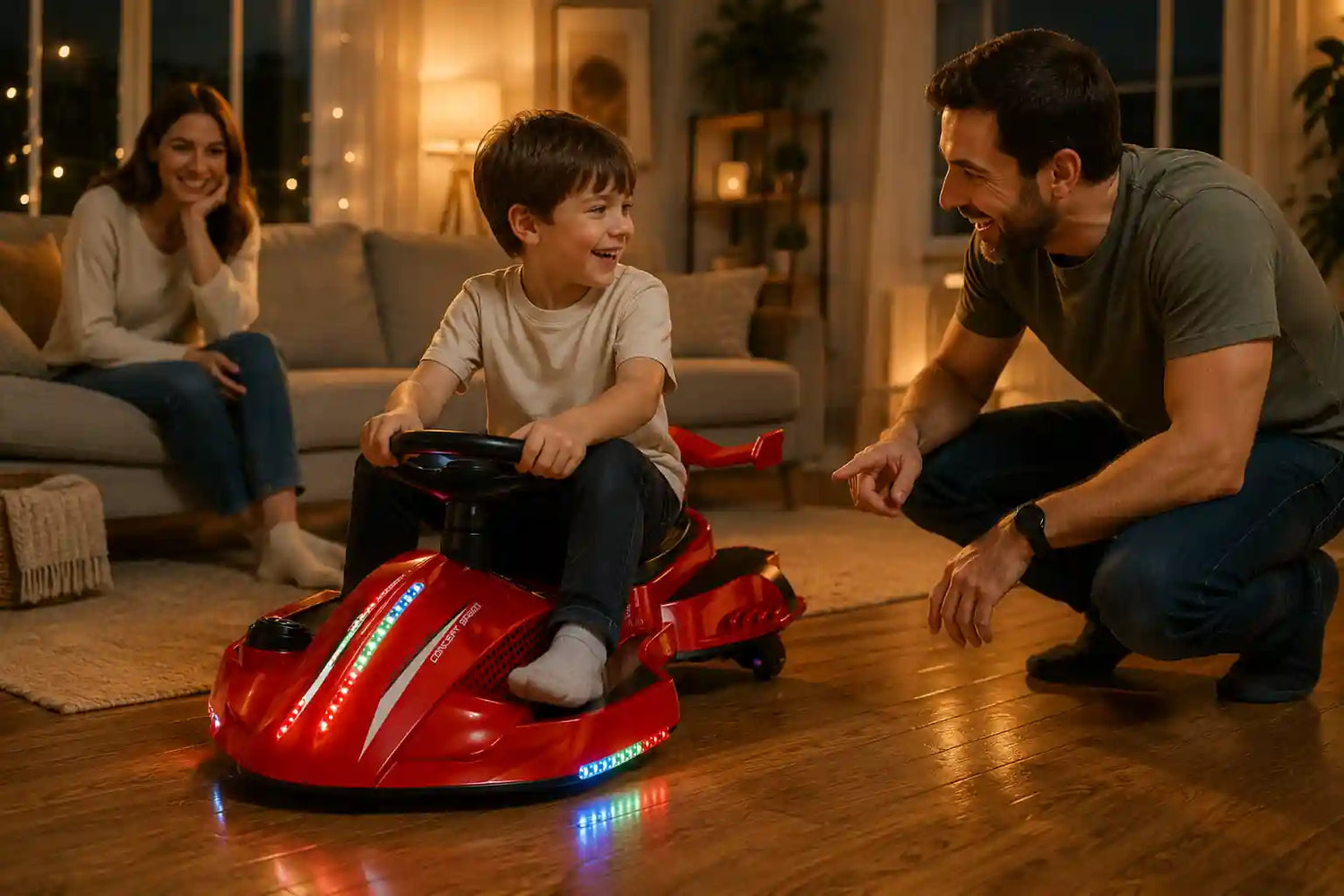 A young boy riding a red electric kids' go-kart in a cozy living room while his parents look on with a smile, enjoying family playtime together