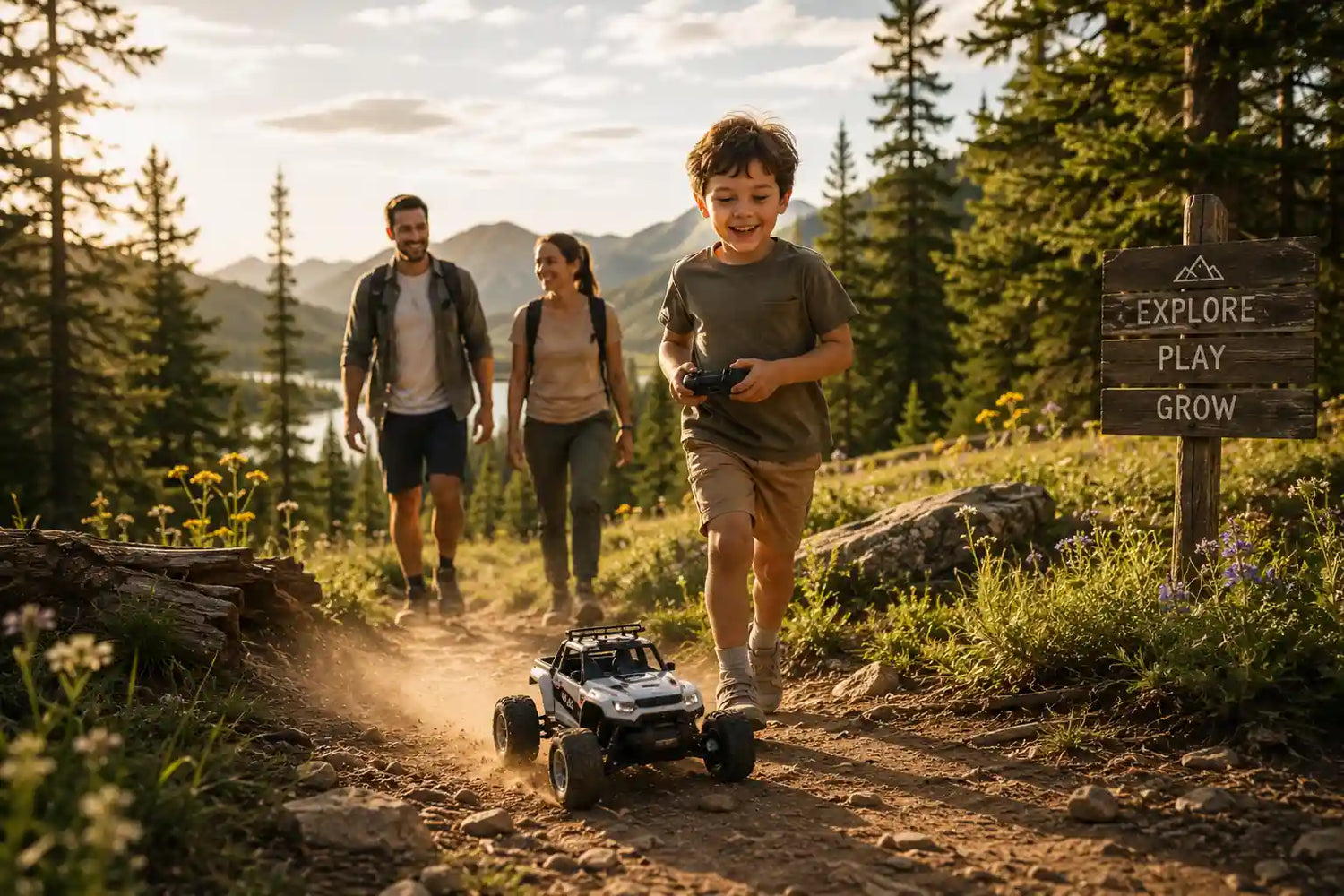 A happy boy driving an RC off-road truck on a forest hiking trail, with his parents walking behind him in a scenic mountain setting, promoting family outdoor adventure.