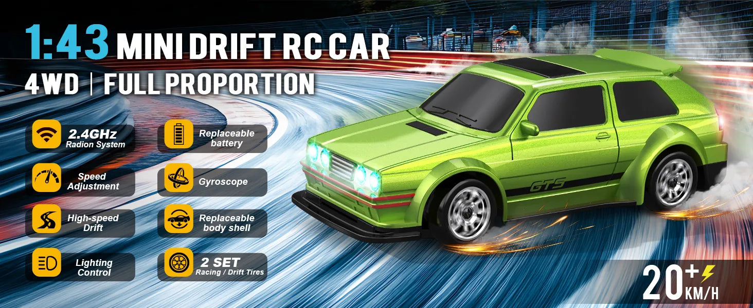 1:43 scale mini RC drift car 4WD with gyroscope, 2.4GHz control, speed adjustment, and replaceable tires for high-speed racing