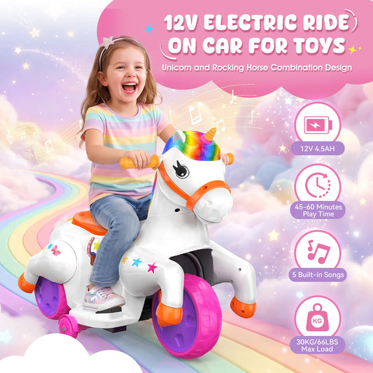 Akeleo 12V electric unicorn ride-on horse for kids ages 3+ in a magical play scene