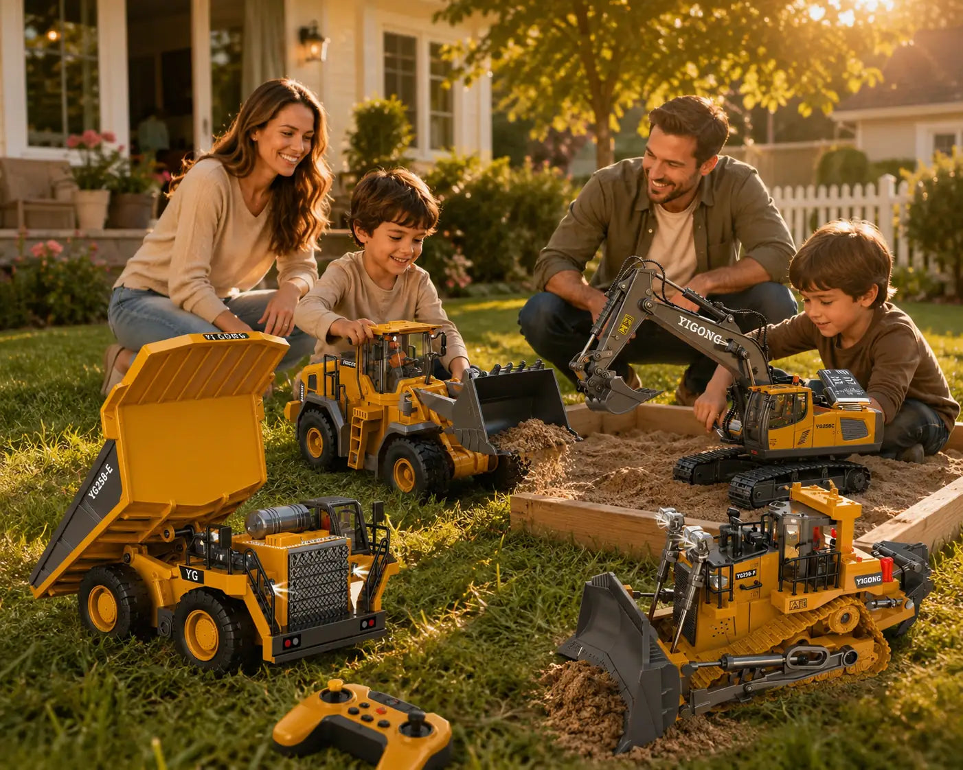 Family playing with Akeleo remote control construction toy vehicles in a sunny backyard