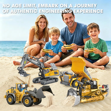 Family enjoying a beach day playing with YIGONG remote control construction toy set