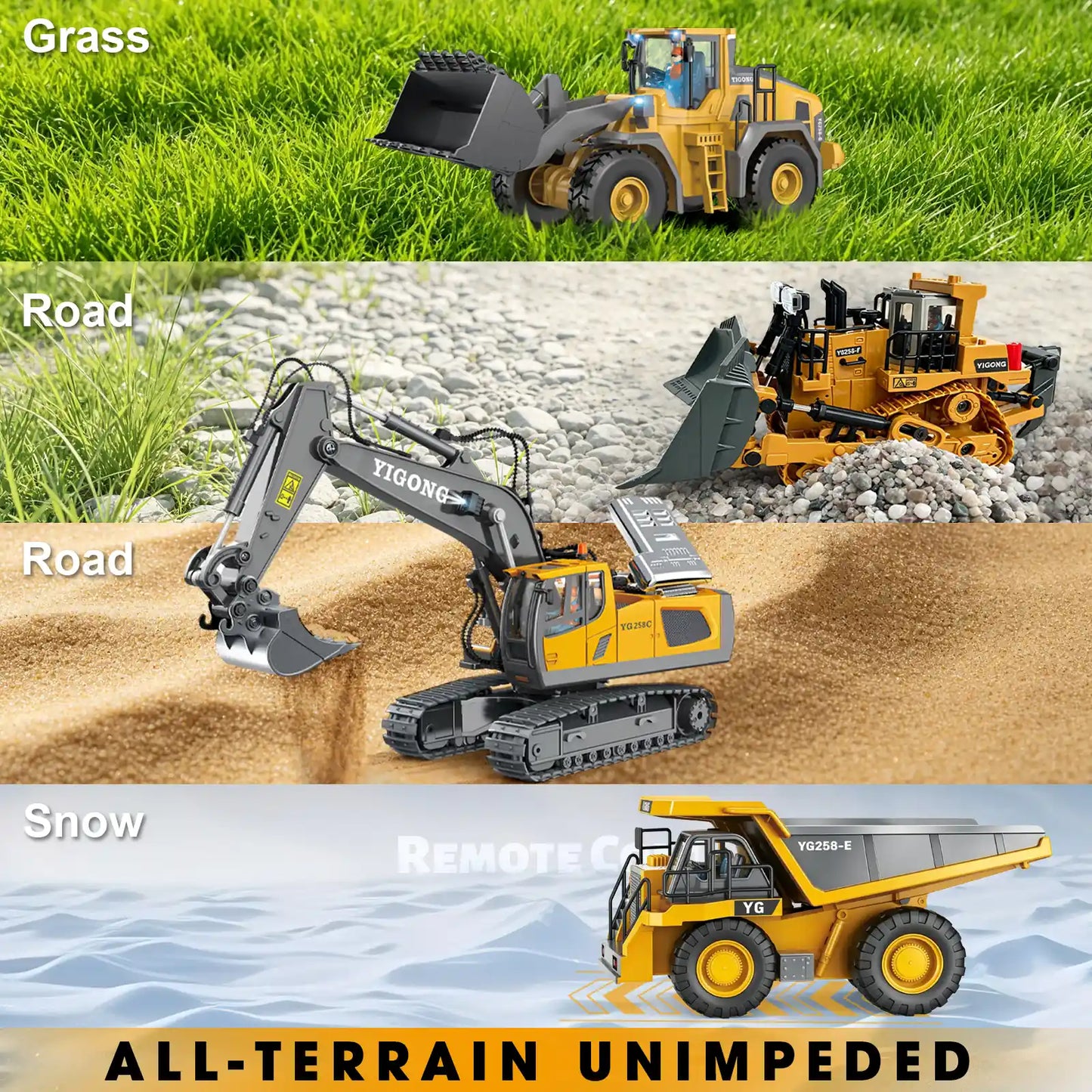 all-terrain remote control construction trucks capable of driving on grass, gravel, sand, and snow