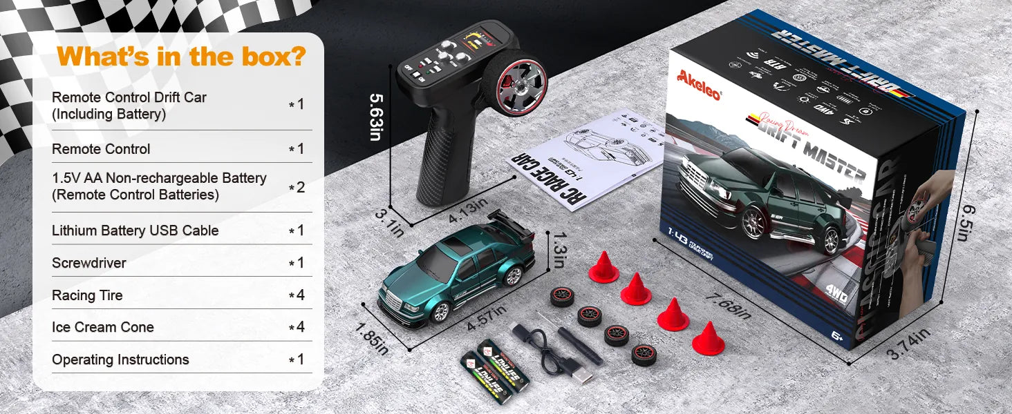 Akeleo RC drift car set including remote control, extra racing tires, traffic cones, and all necessary accessories for the 1:43 scale model.