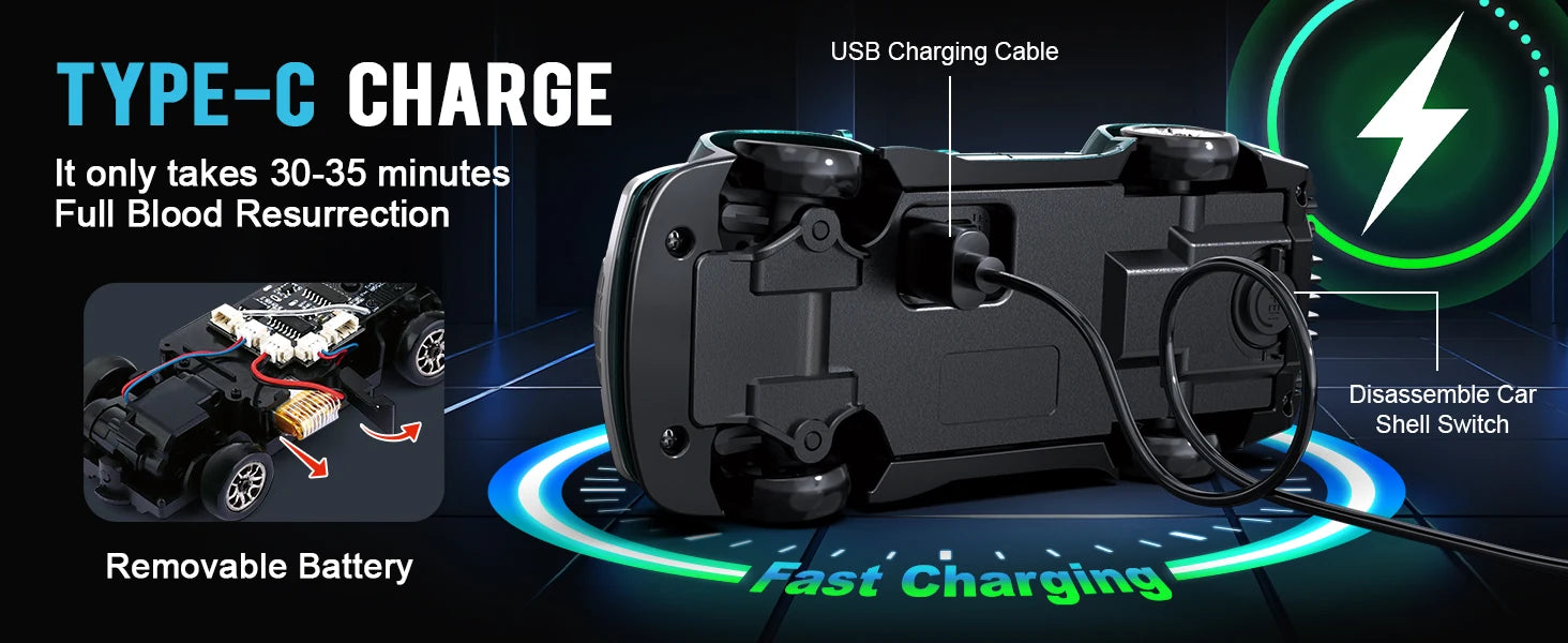 Akeleo RC drift car featuring a USB Type-C fast charging port and a removable battery for quick replacement.