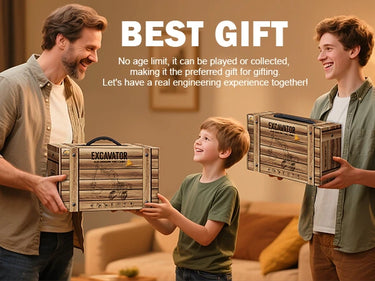 Perfect gift choice for kids and collectors, featuring a high-quality excavator model in a wooden-style storage box.