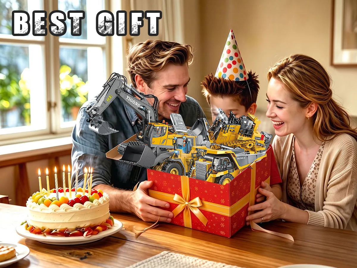 A happy family celebrating a boy's birthday together, opening a large red gift box filled with construction vehicle toys like excavators, with a birthday cake on the table.