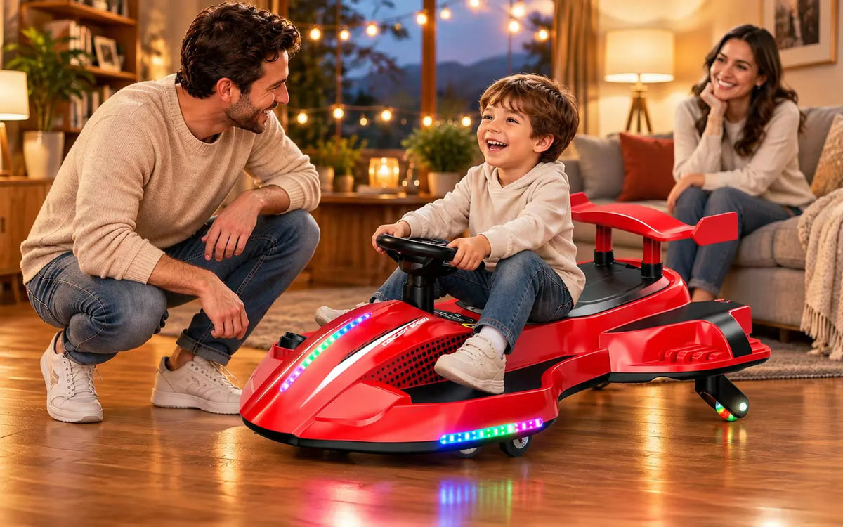 A young boy happily riding a red 24V electric drift go-kart with colorful LED lights inside a cozy living room while his parents watch.
