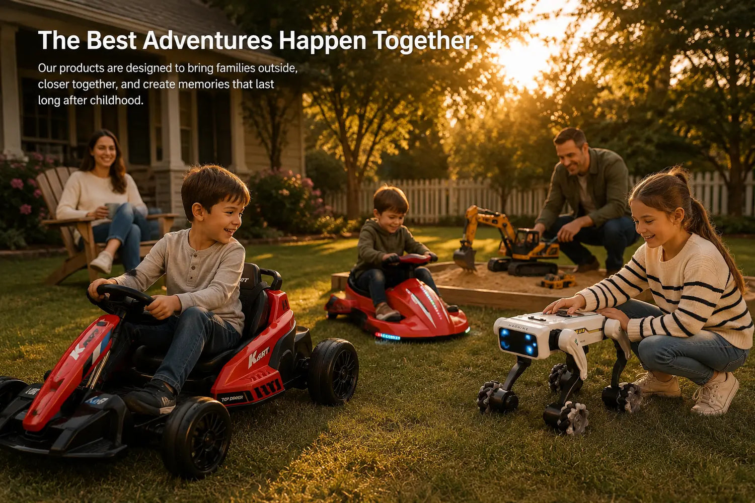 A family enjoying outdoor playtime with electric go-karts, a toy excavator, and an interactive robotic dog, emphasizing outdoor adventure and family connection.