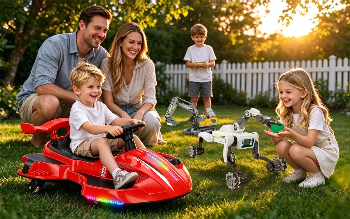 A happy family playing together in a sunny backyard with kids riding a red electric drift go-kart, operating an RC excavator, and interacting with a voice-controlled RC robot dog.