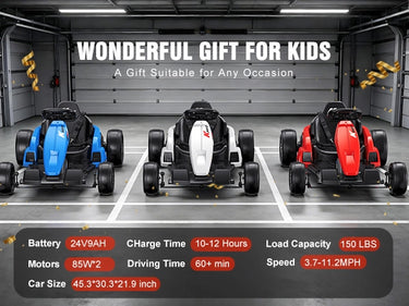 Three electric go-karts in blue, white, and red with specifications for kids' gifts