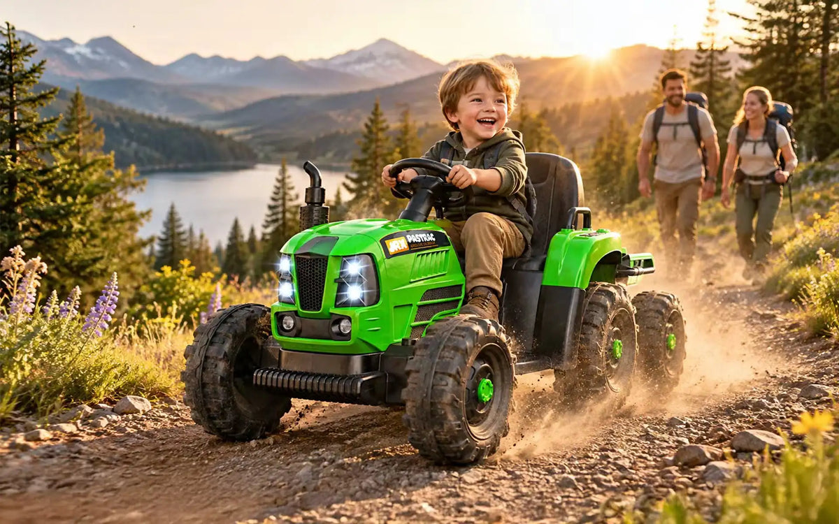 A young boy excitedly driving a green electric tractor ride-on toy with bright LED headlights on a mountain dirt trail while his parents hike behind him.