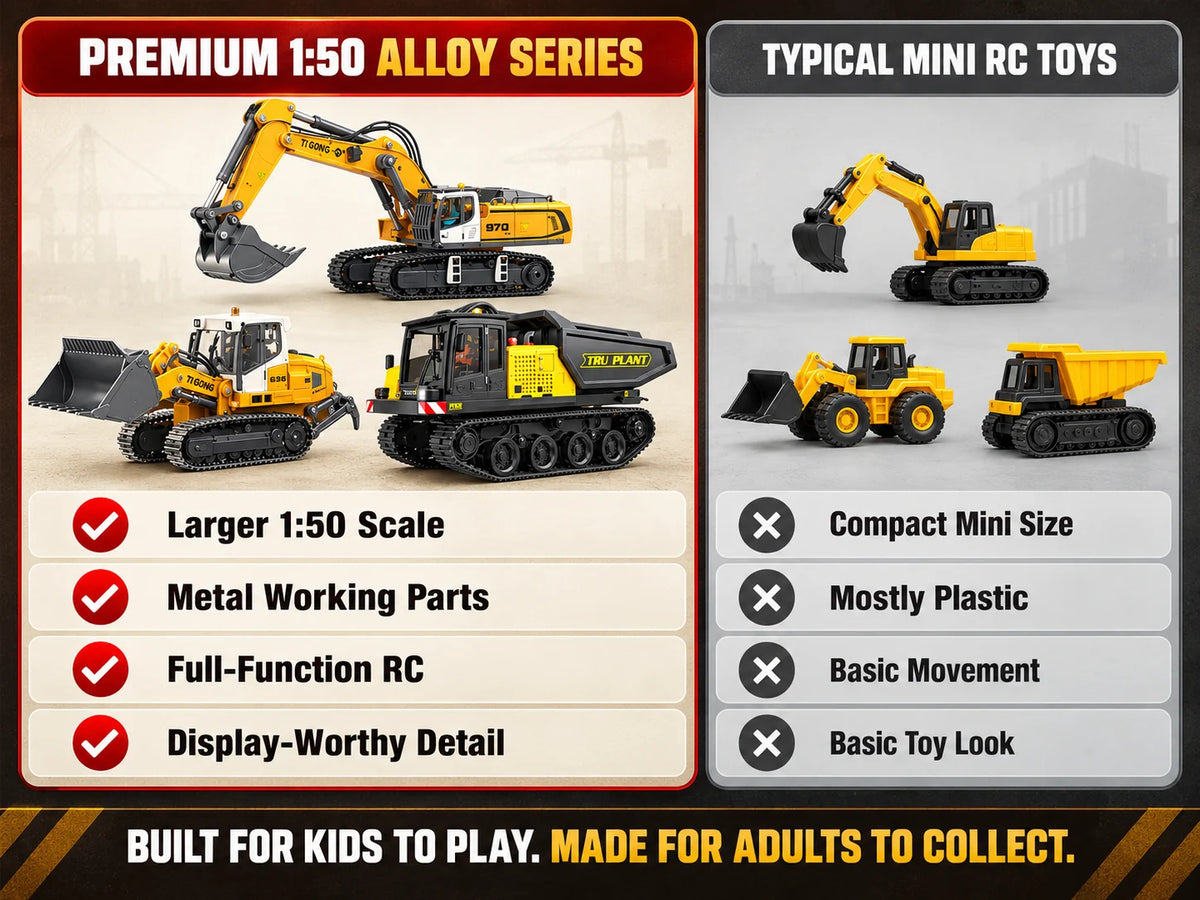 Premium 1:50 alloy RC excavator, loader, and dump truck compared with smaller plastic construction toys