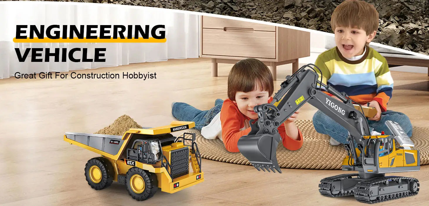 Two boys playing with YIGONG remote control construction vehicles, an ideal gift for young hobbyists
