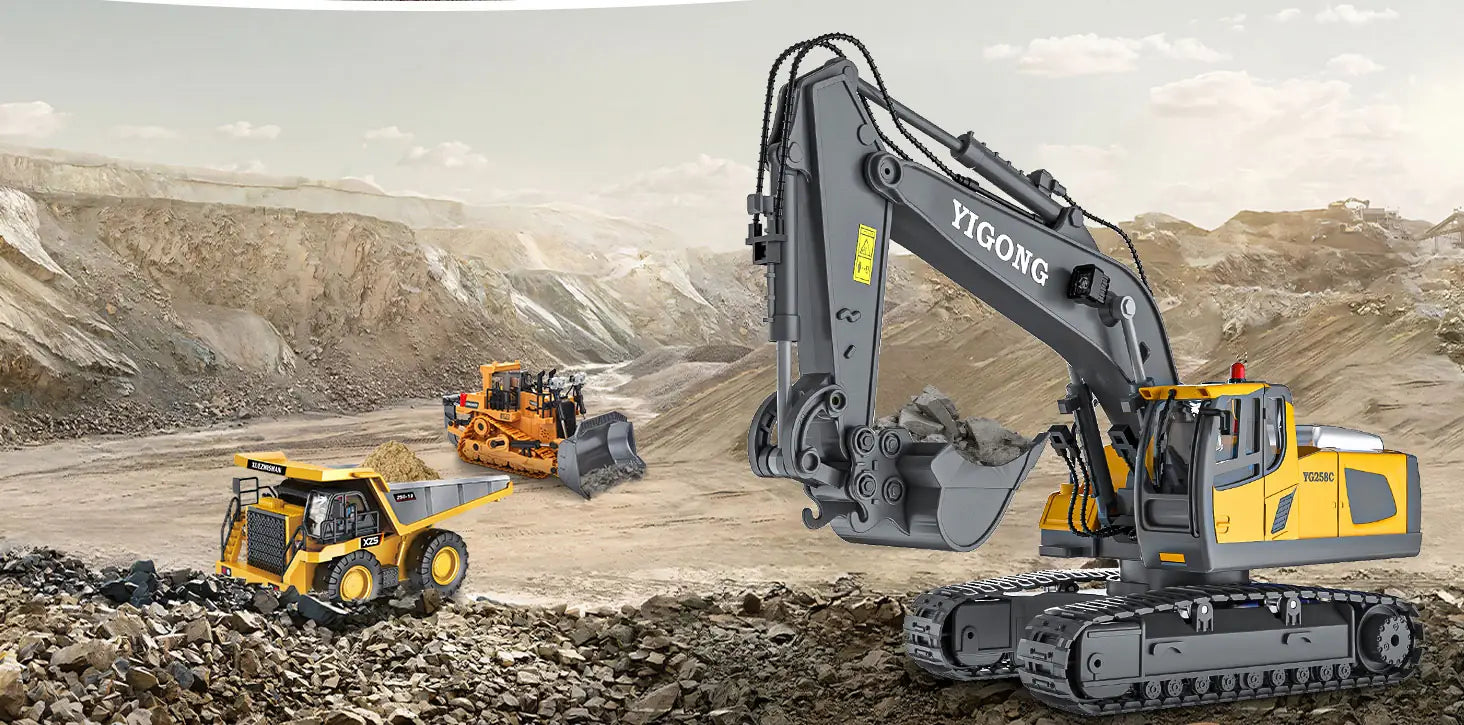 professional remote control construction fleet set including excavator, dump truck, and bulldozer in a quarry setting