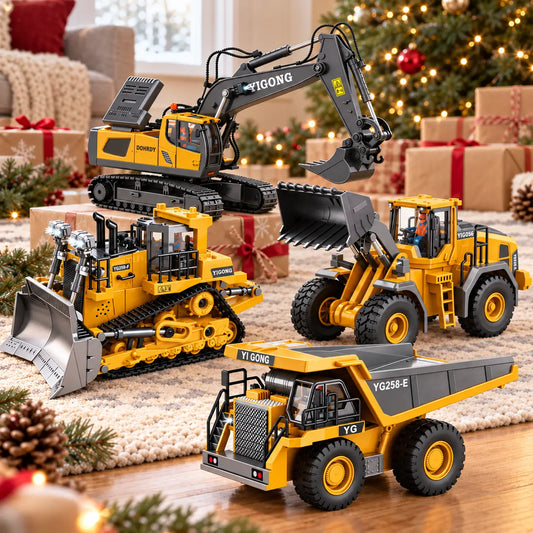 A set of 4 alloy RC construction vehicle toys including an excavator, bulldozer, front loader, and dump truck displayed in front of a decorated Christmas tree with gift boxes.