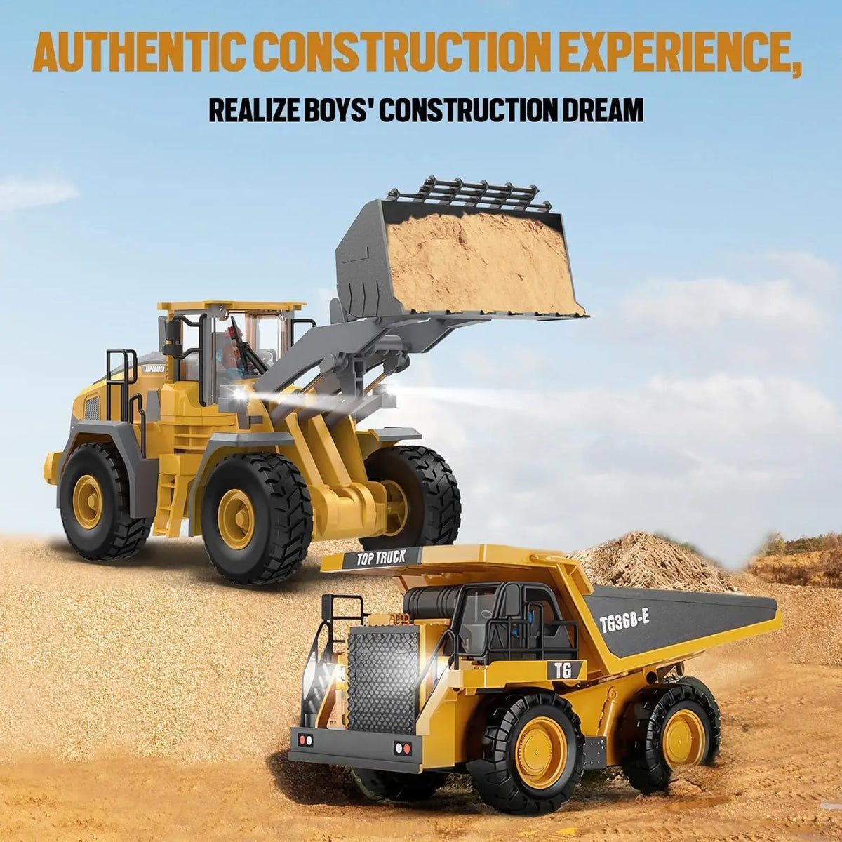RC construction vehicle set for kids featuring a remote-controlled wheel loader and dump truck toy for sandbox play