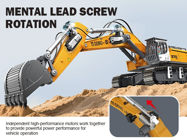 RC excavator featuring durable metal lead screw transmission system for powerful and realistic digging operation.