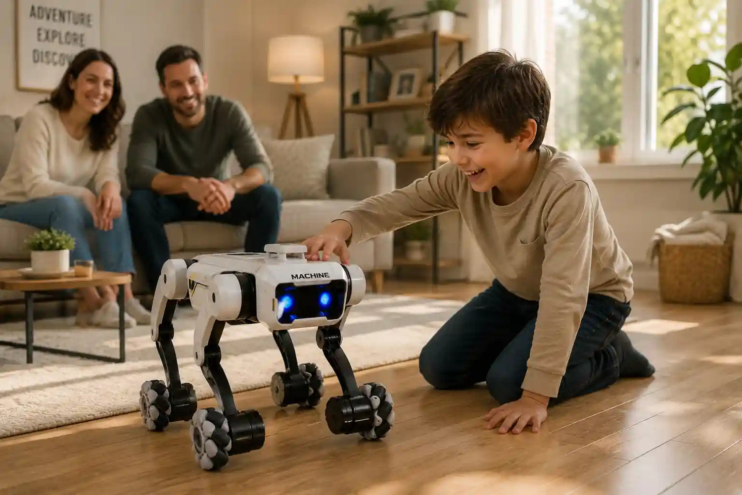 smart robot dog, black and white model with mecanum wheels and app control, being played with by a child in a home setting.