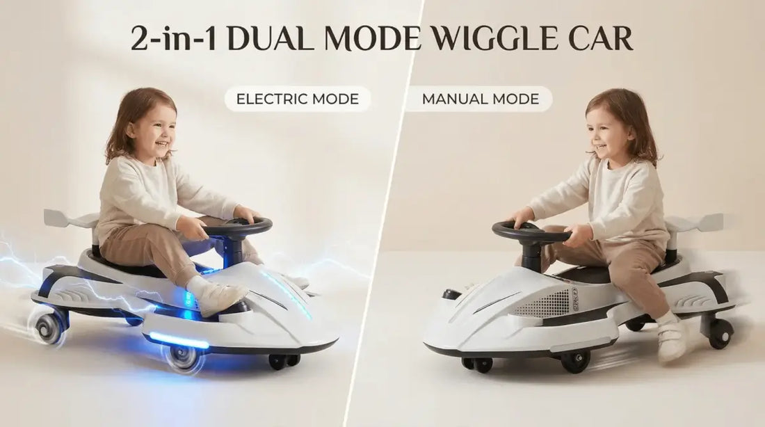 A 2-in-1 dual-mode wiggle car for kids, showcasing both electric power mode and manual pedal-free operation for versatile indoor play.