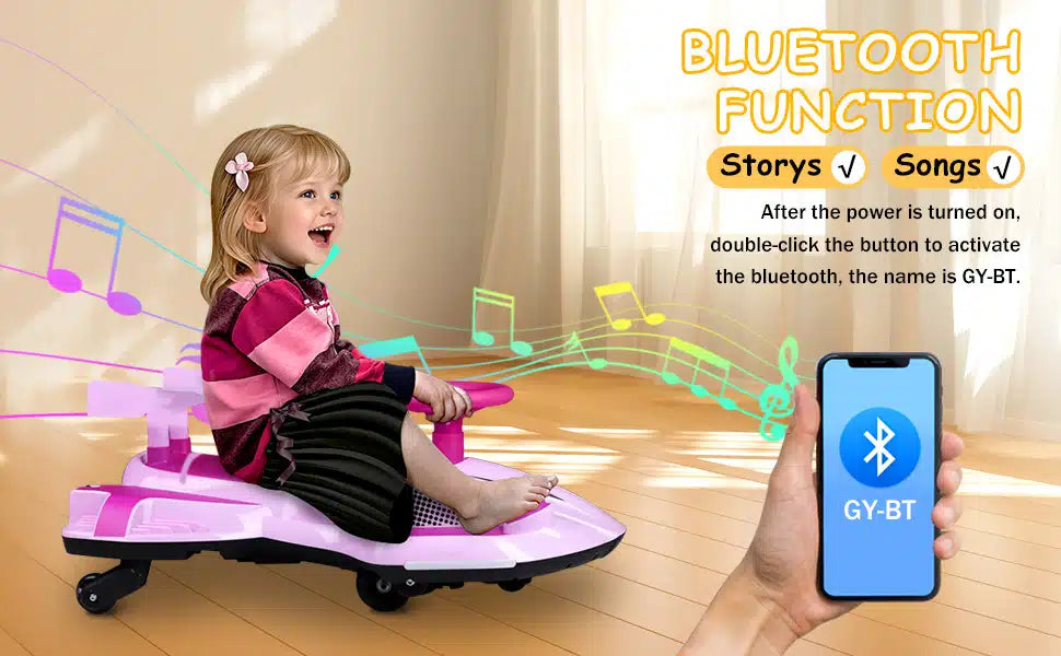 Child riding a pink wiggle car with Bluetooth music feature in a home environment