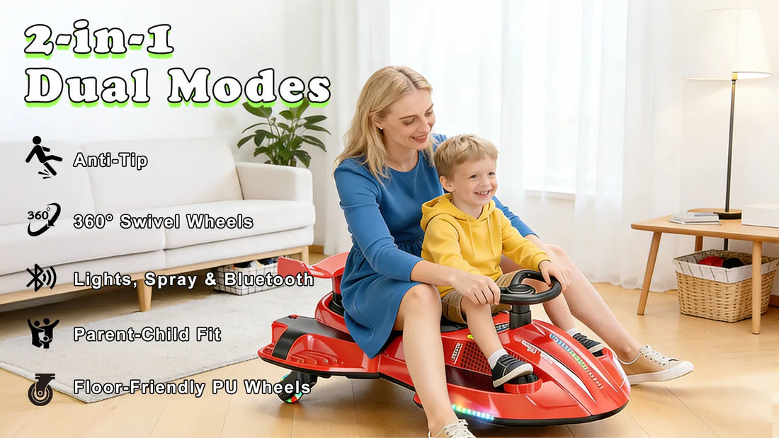 2-in-1 dual-mode ride-on car for parent-child interaction, featuring anti-tip design, 360-degree swivel wheels, Bluetooth music, light and spray effects, and floor-friendly PU wheels