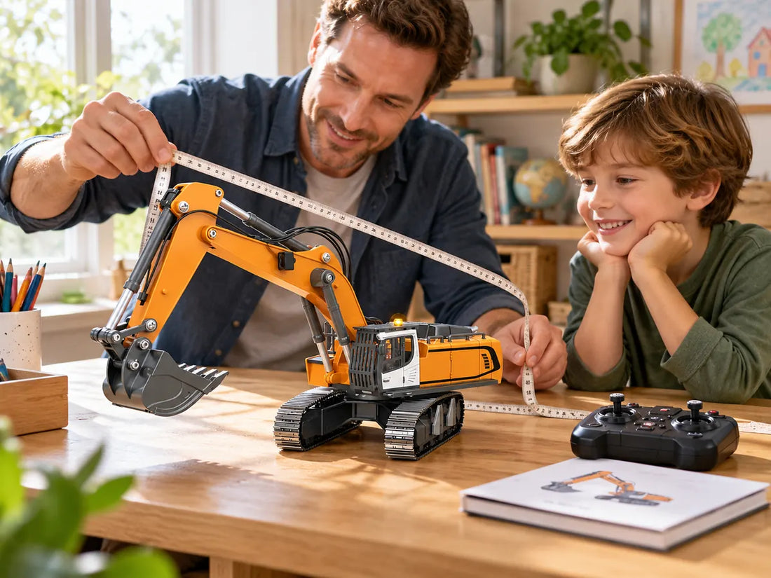 Parent and child checking the size of an AKELEO 1:50 RC excavator in a bright family study nook