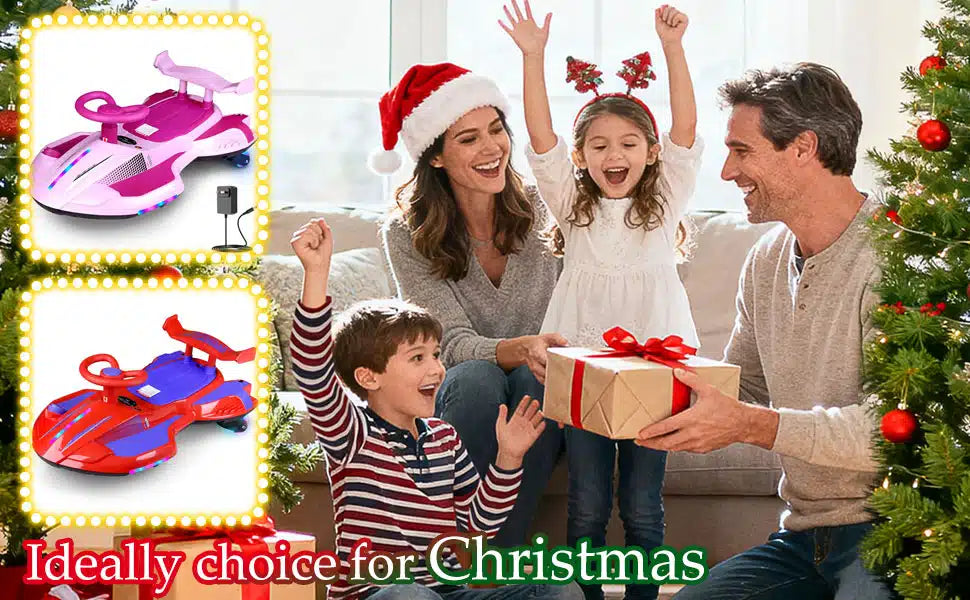 Akeleo 2-in-1 electric wiggle car in pink and red colors, shown in glowing frames as the perfect Christmas gift for a happy family with two children by the Christmas tree.
