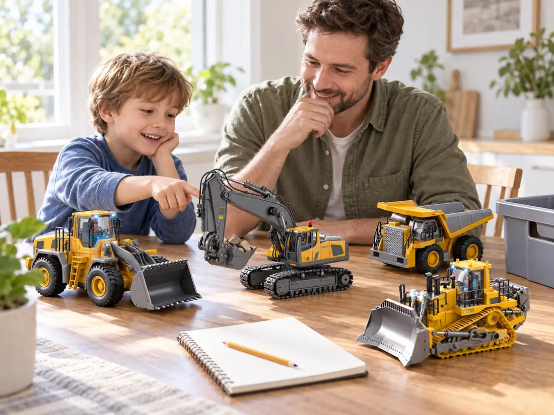Parent and child comparing RC construction toy sets before Black Friday