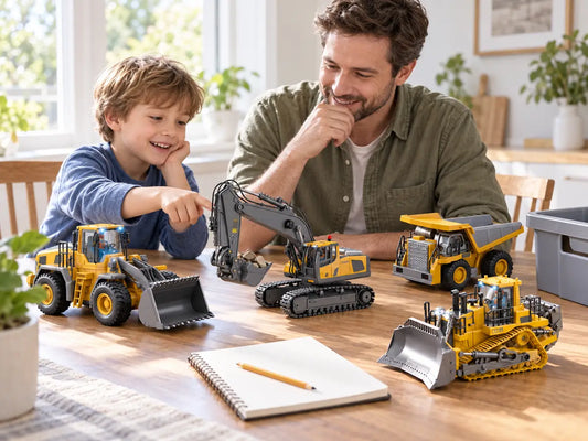 Parent and child comparing RC construction toy sets before Black Friday