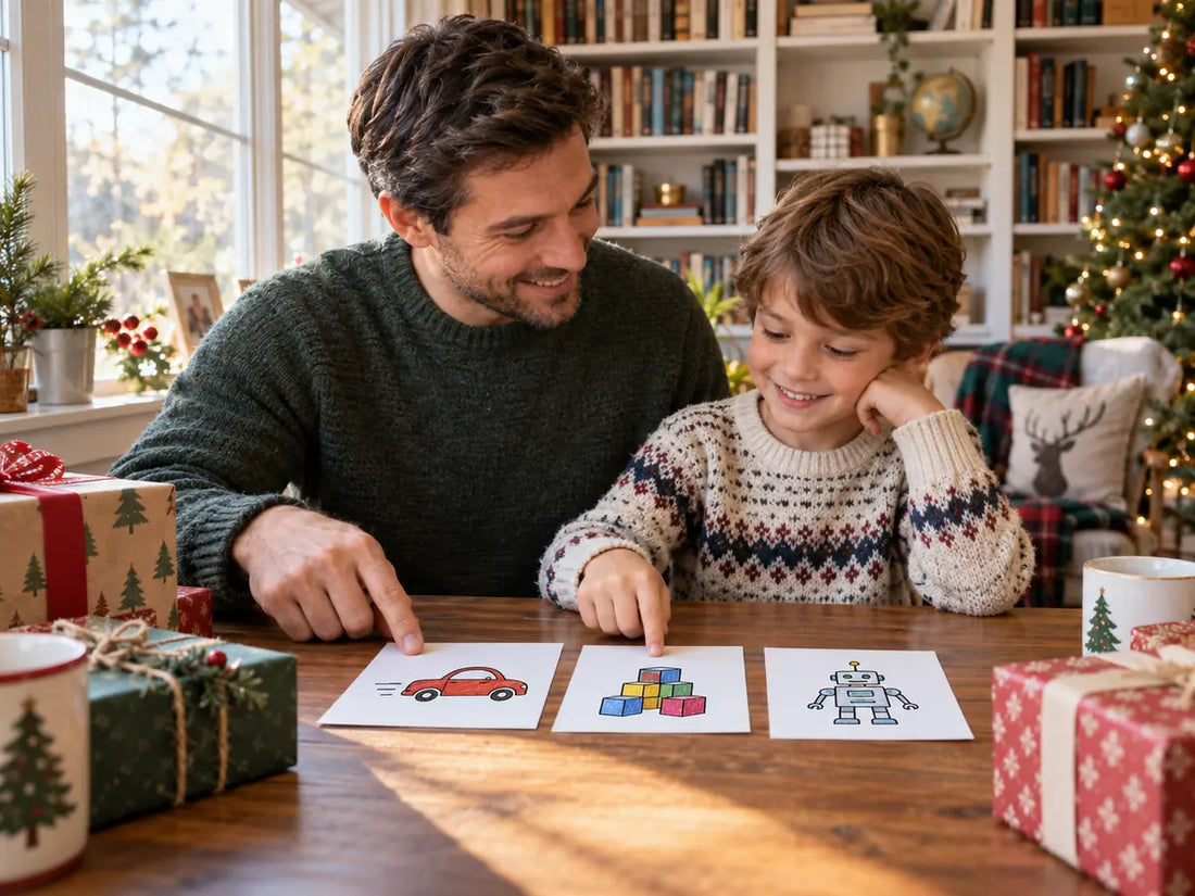 Parent and seven year old choosing a Christmas gift by play style