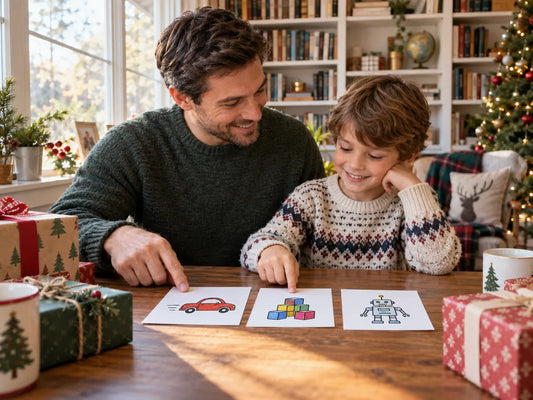 Parent and seven year old choosing a Christmas gift by play style