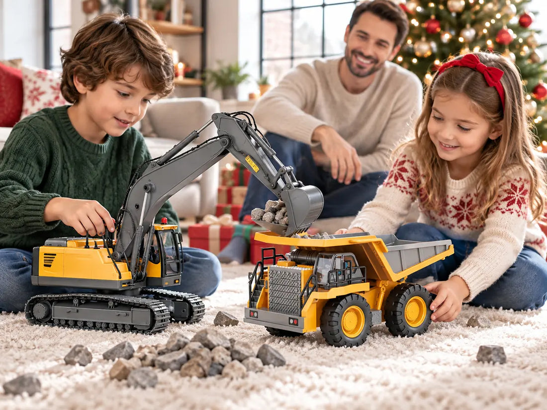 Siblings choosing roles with Akeleo RC construction vehicles
