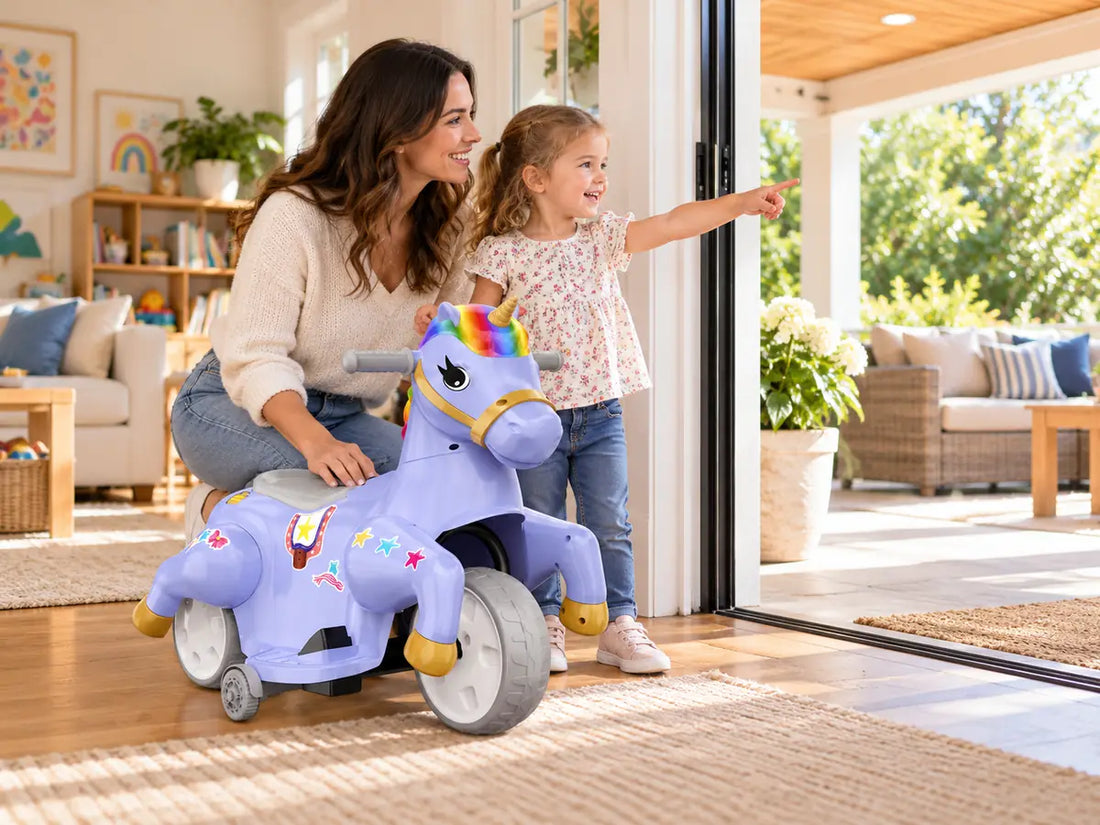 Parent and child choosing an indoor or covered patio route for a purple electric unicorn ride-on horse