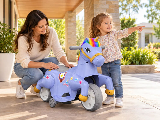 Parent and child finishing an after-ride check beside a purple electric unicorn ride-on horse