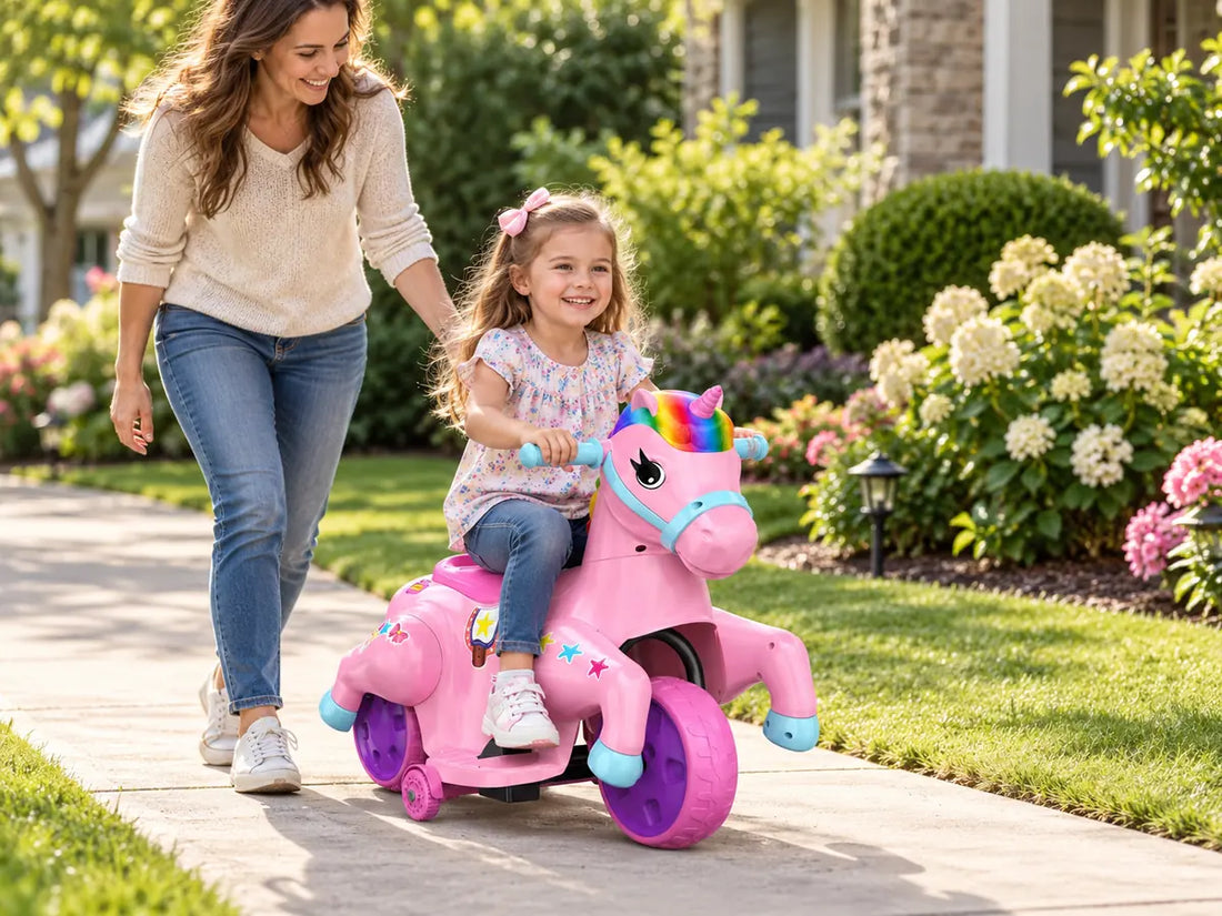 Parent walking beside a child during a calm first ride on the exact pink Akeleo electric unicorn
