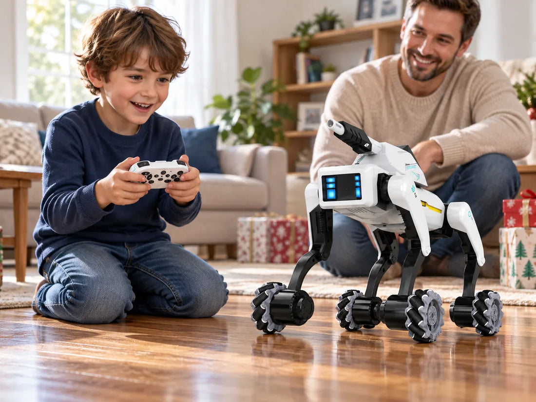 Child trying a first command with an Akeleo wheeled Robot Dog gift