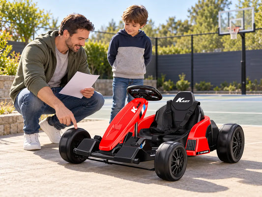 Parent and child using a paper maintenance checklist beside the exact red Akeleo 24V electric go kart