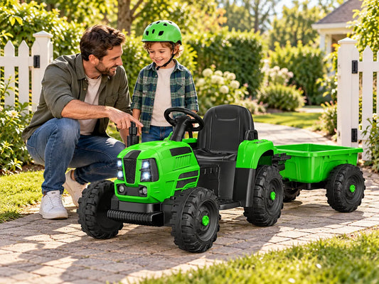 Parent and child checking a green ride-on tractor route before the first ride