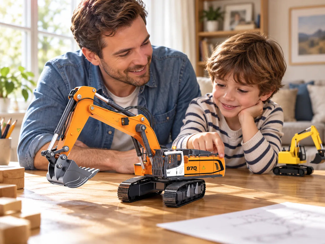 Parent and child comparing the exact Akeleo 970 metal RC excavator at a bright window-side maker table