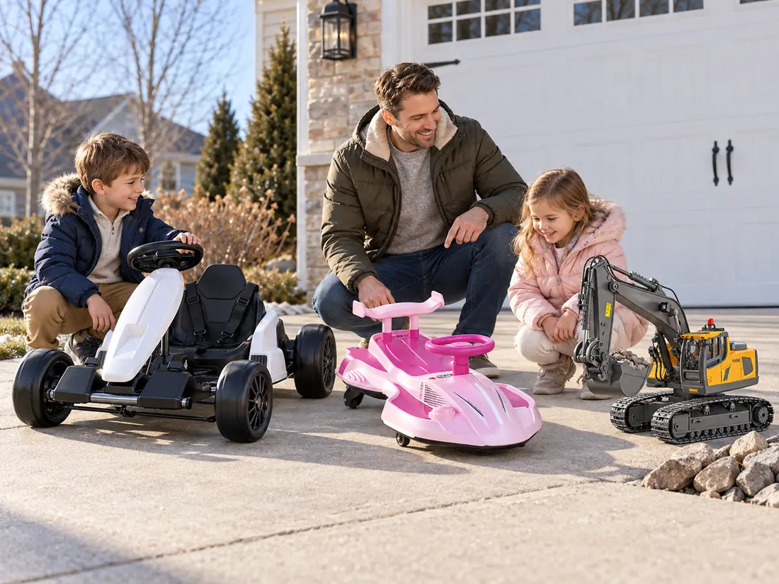 Family comparing outdoor Christmas gifts for kids beside a driveway play route