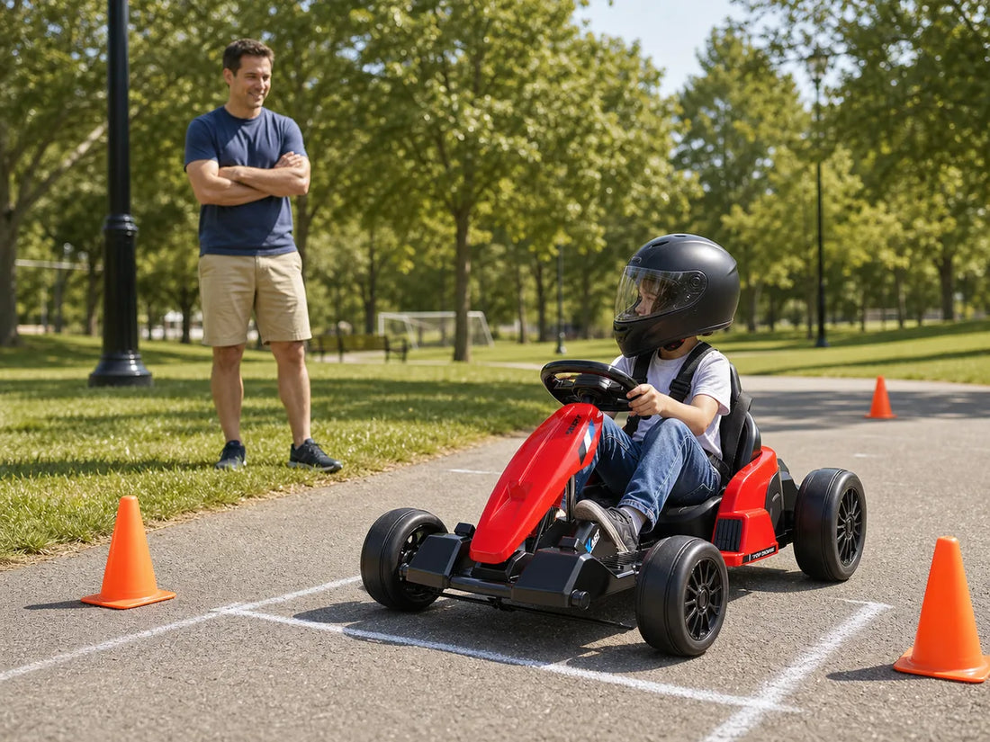 Parent supervises a helmeted child in a red kids drift go-kart on a park practice route.