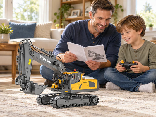 Parent and child checking an Akeleo RC excavator, remote, and manual before troubleshooting