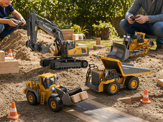 Kids and a parent using four Akeleo RC construction vehicles in a backyard job-site mission.