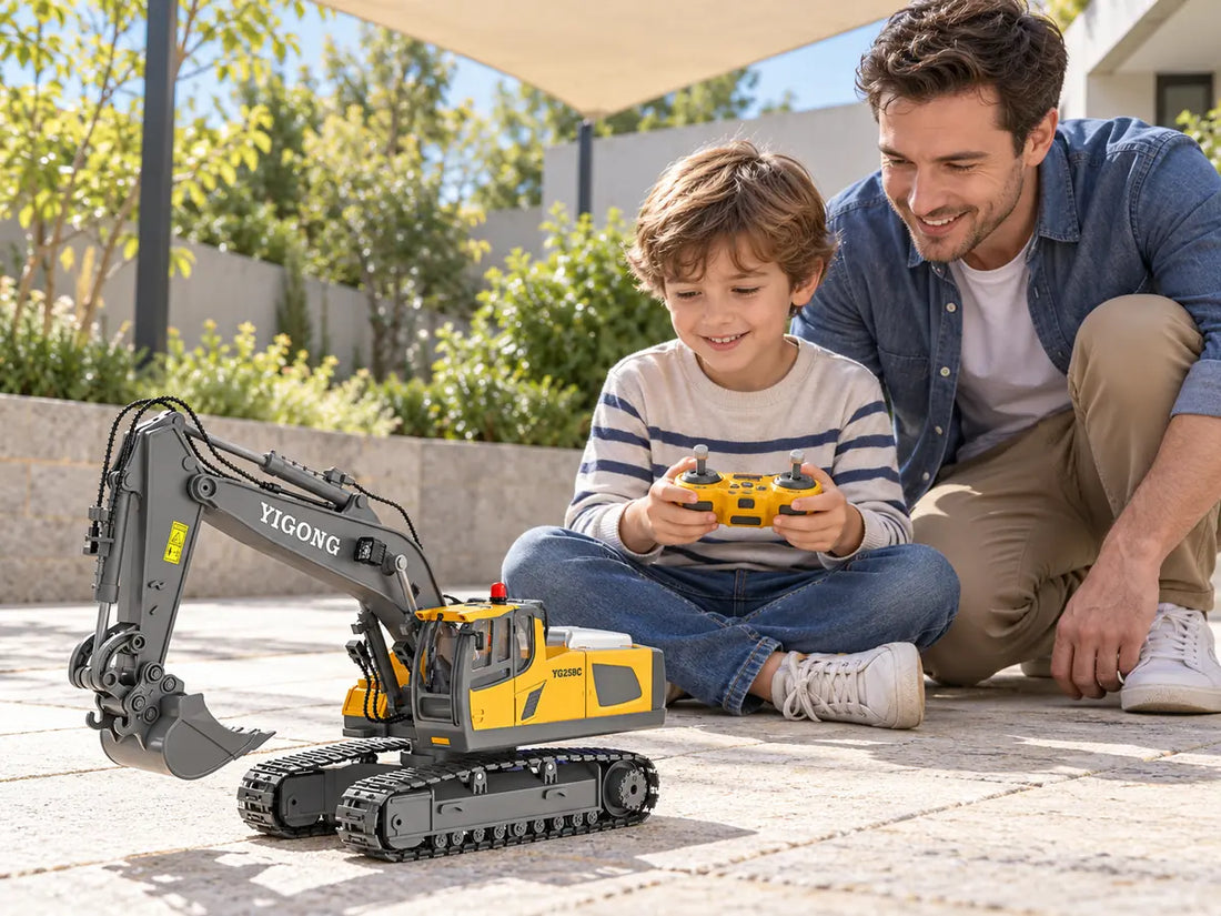 Parent and child beginning an RC excavator controls practice session with the exact Akeleo toy