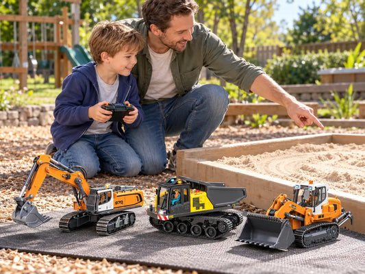 Parent and child checking a dry sand play zone beside exact Akeleo RC construction toys