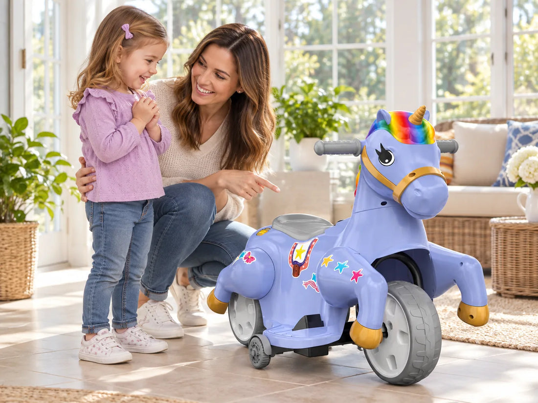 Child comparing a purple electric unicorn ride-on horse with a parent in a bright sunroom