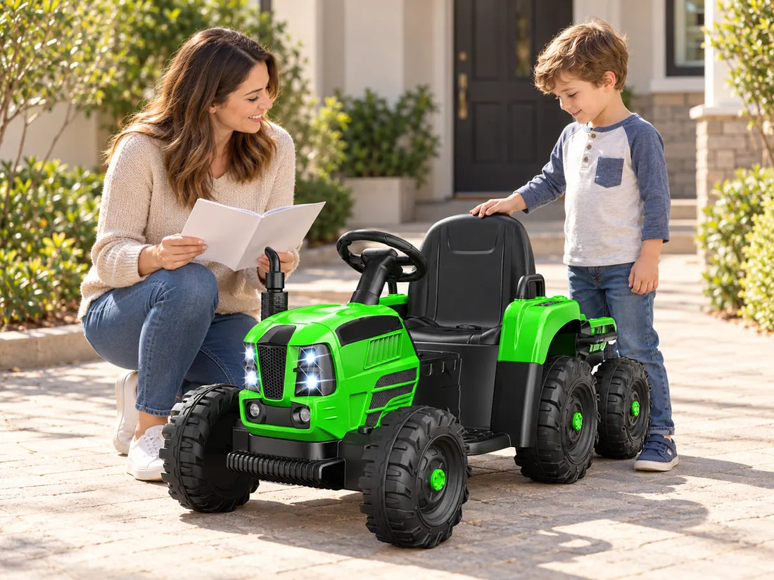 Parent and child checking age and fit beside a green kids ride-on tractor