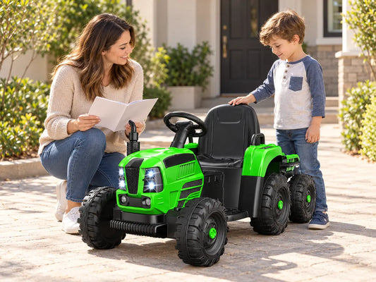 Parent and child checking age and fit beside a green kids ride-on tractor